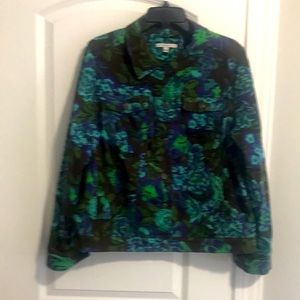 IsaacMizrahiLive size 18 denim floral jacket brown turquoise purple, olive green